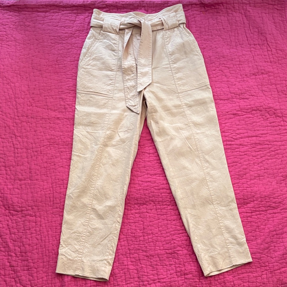 Jonathan Simkhai light pink linen blend belted pants, US4